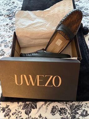 Women's Black Leather and Brown Haircalf Mule